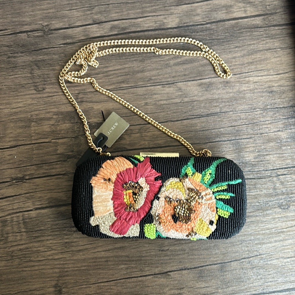 NWT J.Crew beaded floral clutch with gold crossbody chain